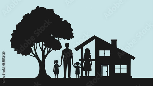 Silhouette of a Family Standing in Front of Their Home with a Tree.