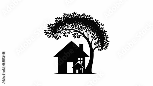 Silhouette of a house nestled under a large tree.