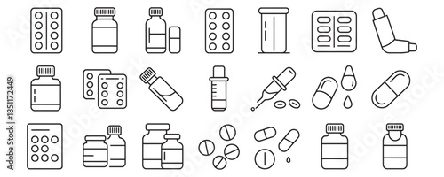 Variety of pharmaceutical medication and supplement packaging icons