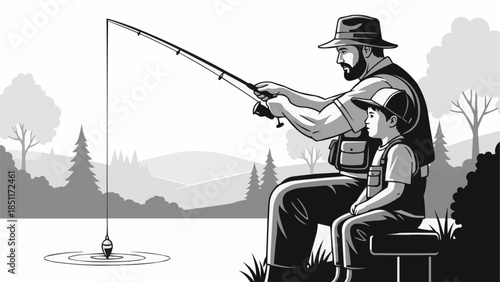Father and son fishing together by the lake enjoying quality time.