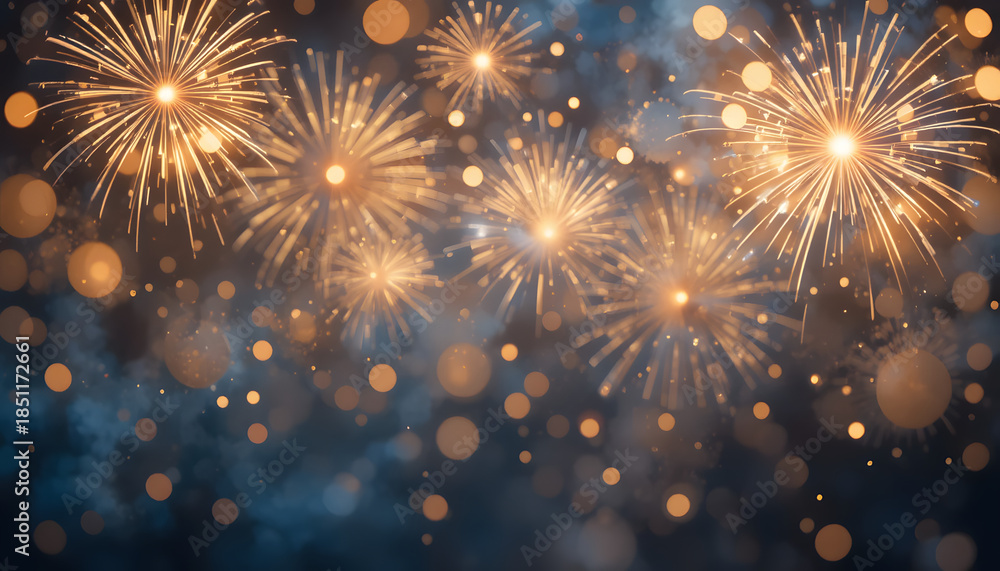 Naklejka premium Vibrant fireworks exploding in night sky with bokeh lights