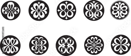 Ten black and white circular floral patterns with symmetrical