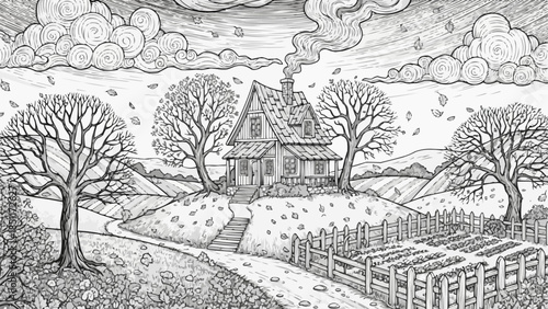 Charming rustic house with smoking chimney on a hill surrounded by trees.