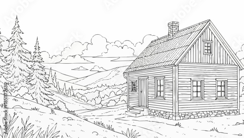 Rustic wooden cabin nestled in a serene mountain landscape.