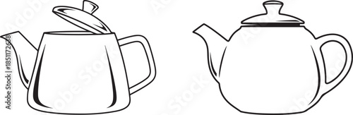 Two black and white teapots with lids and spouts two teapots