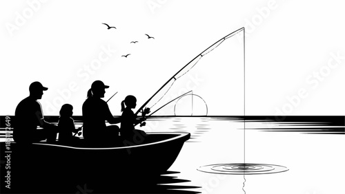 Family Fishing Trip Silhouette in a Boat on the Water.