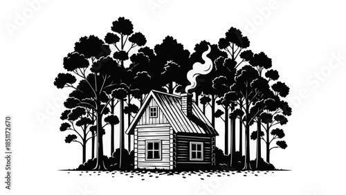 Rustic Wooden Cabin Nestled Among Tall Evergreen Trees.