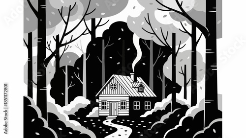 Cozy Wooden Cabin in Snowy Forest Landscape.