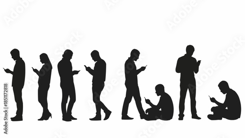 Silhouettes of people engrossed in their smartphones in various poses.