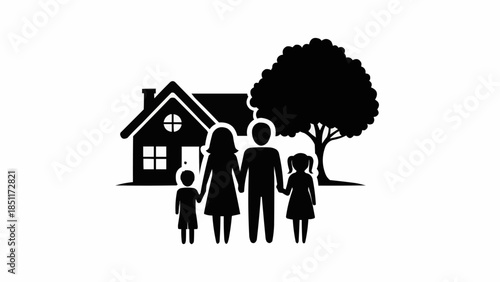 Family standing together in front of their home with a tree.