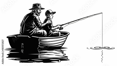 Grandfather and Grandson Fishing Together in a Boat.