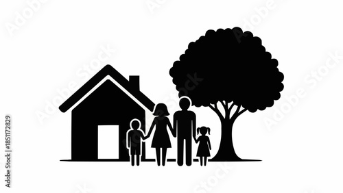 Stylized Silhouette of a Family in Front of a House and Tree.