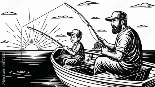 Father and Son Fishing Together in a Boat at Sunrise.