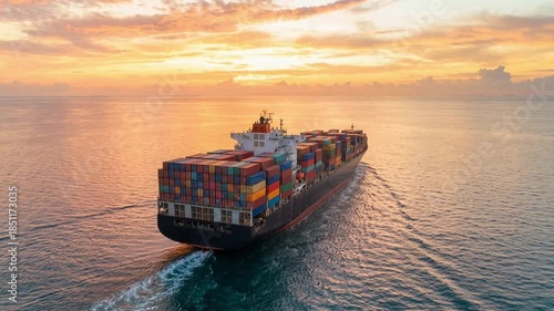 Aerial view from a drone showing a large container ship sailing on the open ocean, loaded with colorful containers and heading towards the horizon during a beautiful, golden sunset