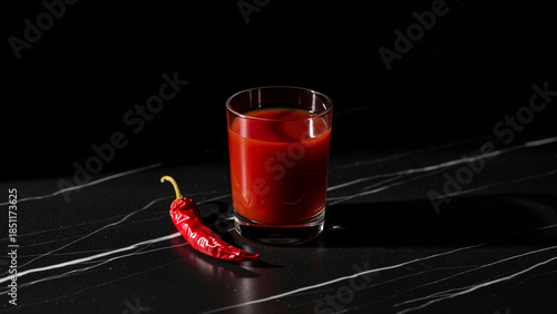 Bloody Mary cocktail in glass with red chili pepper on black marble background, dramatic lighting