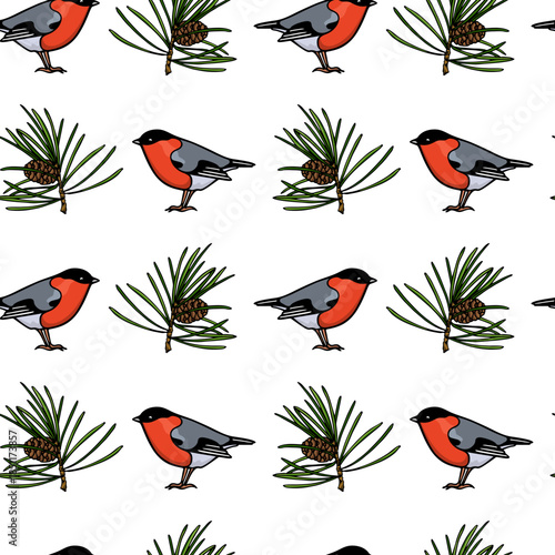 Vector seamless pattern with hand drawn cute bullfinches among pine twigs made with ink. Beautiful northern wildlife design elements. Perfect for holidays season prints and patterns