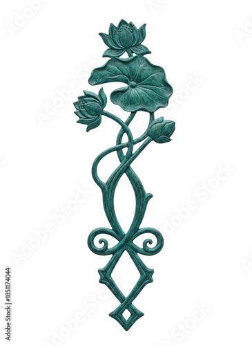 intricate metal embroidery featuring stylized, Water Lily Verdigris