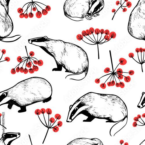 Vector seamless pattern with hand drawn badgers with graceful rowan twigs. Ink drawing, graphic style. Beautiful animal design elements, perfect for prints and patterns. 