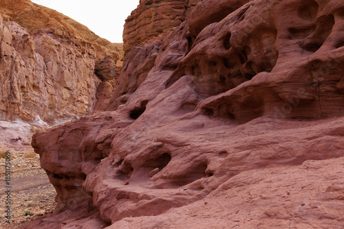 Bizarre stone structures and tracery, created by the nature, in Eilat Mountains nature reserve. 