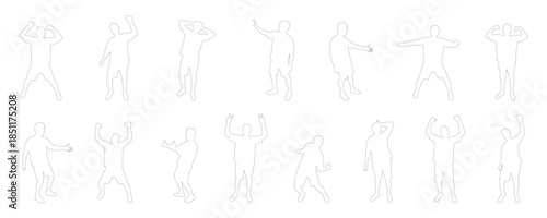 Collection of men contours cheering, jumping, and showing thumbs up gestures. Vector illustration