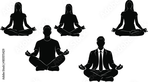 Small vector collection of female yoga and stretching silhouettes, featuring seated, standing, and floor poses, including an imaginative fairy figure, ideal for flexibility, 