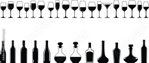 Vector Black Silhouette Icon Set of Elegant Wine and Champagne Glassware Assortment with Various Liquor Bottles and Decanters for Bar Menu Design.