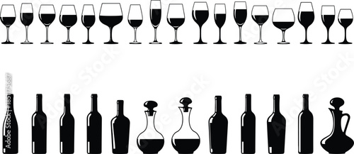 Vector Black Silhouette Icons Set of Diverse Alcoholic Beverages, Wine Glasses, Beer Mugs, Cocktail Shakers, and Liquor Bottles for Bar Menu Design.