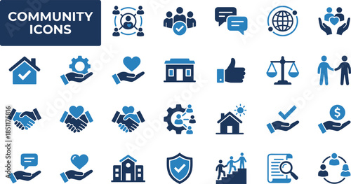Community and collaboration icons set featuring handshake, teamwork, partnership, home, legal, social, and support symbols