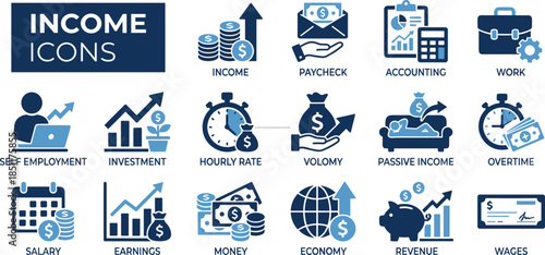 Income and financial icons set featuring paycheck, self-employment, earnings, investment, economy, revenue, and overtime