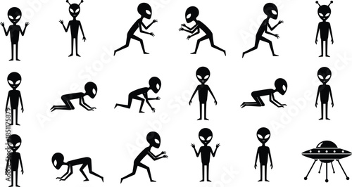 Black alien silhouette collection featuring extraterrestrial characters in various poses with UFO spaceship icons, isolated vector set for sci-fi and mystery designs