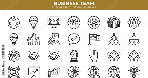 Business team icons set representing collaboration, brainstorming, partnership, leadership, strategy, teamwork, and growth