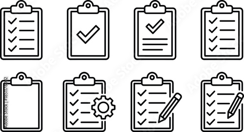 Clipboard icons set with checklists, pencil, gear, and editable elements for task management and productivity