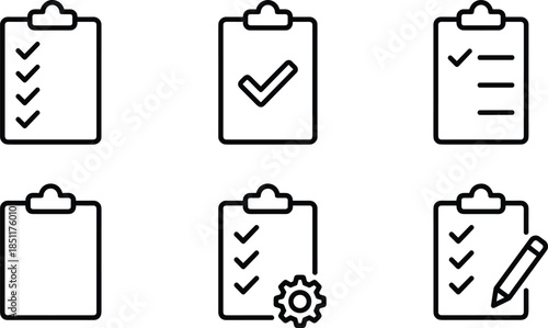 Clipboard checklist icons set with pencil, gear, and editable elements for task management and organization