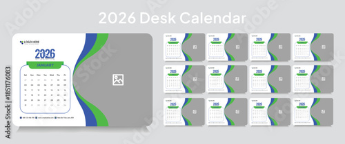 Customizable desk calendar 2026 template, corporate desk calendar schedule 2026 monthly 12-page planner layout, editable vector eps 10 file format