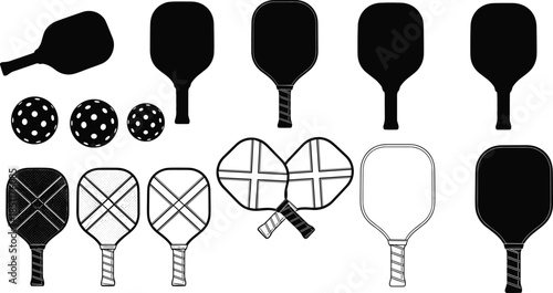 Pickleball equipment vector collection featuring black paddles and wiffle balls in silhouette and line art style for sports tournament and club logo designs
