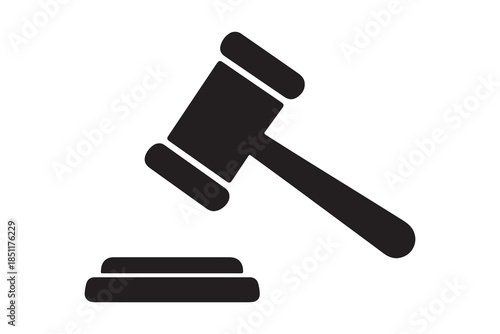 Black and white gavel icon striking on wooden block