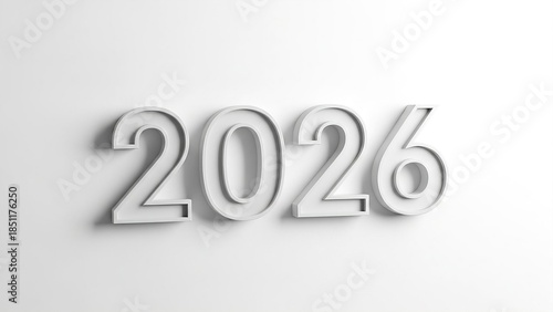 Year 2026: A modern, minimalist 3D rendering of the year 2026, cleanly designed with a crisp, neutral aesthetic. A forward-thinking representation of time, dates, and future-oriented concepts.