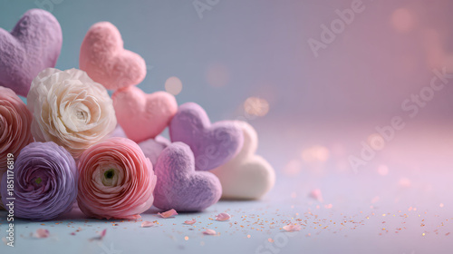 Bouquet of flowers with hearts and a purple background. The background is a light blue color
