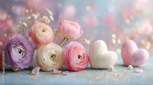 Bouquet of flowers with pink and white flowers and a heart on the right. The flowers are arranged in a way that they look like they are hugging each other