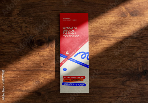 Template Mockup Vertical Flyer Branding and Identity Design on Wooden Background with Natural Light and Shadow
