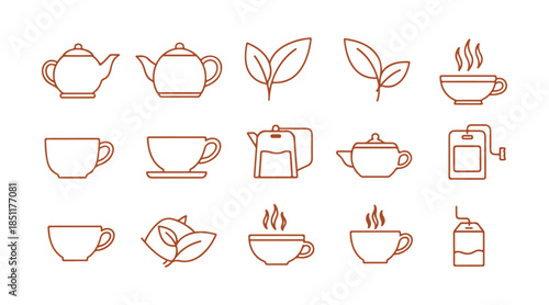 A set of linear icons for tea-making tools, displayed on a transparent background. The collection consists of a teapot, cup, tea leaf, tea bag, and hot water symbols.