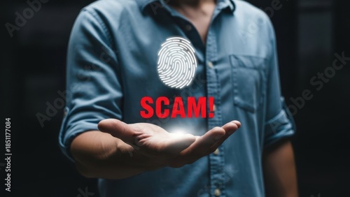 Digital Fraud Detection: Male figure presenting a glowing fingerprint icon with a red scam alert for cyber security and identity theft prevention