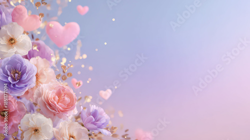 Bouquet of flowers with hearts and a purple background. The background is a light blue color