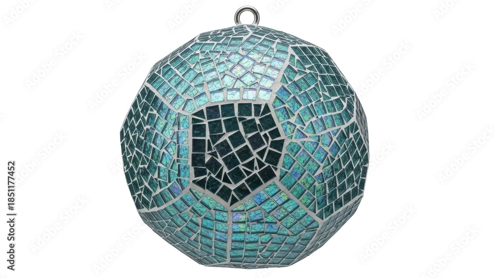 Obraz premium Aqua blue mosaic glass ball isolated PNG, decorative sphere with iridescent tiles for home decor and festive ornaments on transparent background