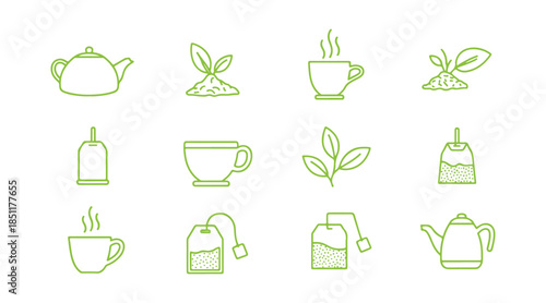 A collection of linear icons for tea-making items, set against a transparent background. This collection features symbols like a teapot, cup, tea leaf, tea bag, and hot water. 