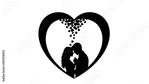 Loving couple silhouette in heart shape with hearts