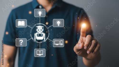 Artificial Intelligence Education: Glowing robot tutor icon with academic symbols for futuristic digital learning solutions