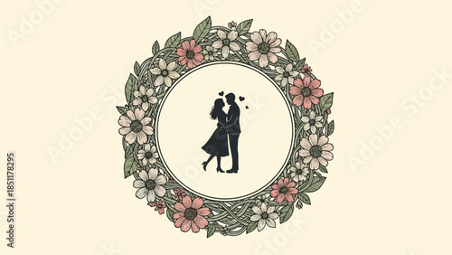 Romantic couple embracing in floral wreath design element