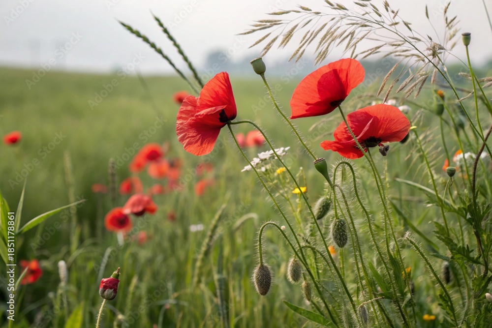 Obraz premium Red poppies field blooming in spring. Closeup view