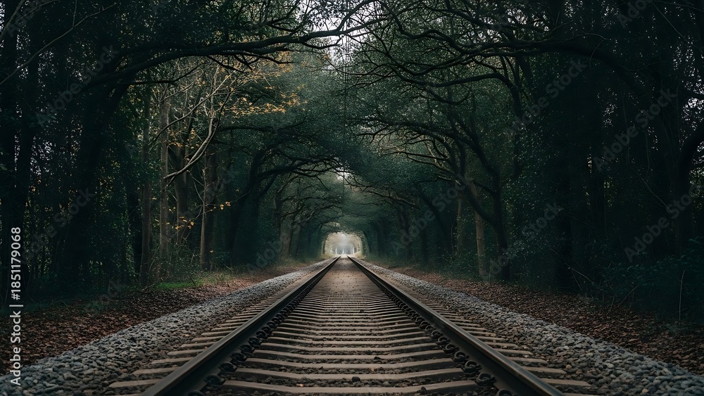 Fototapeta premium Train tracks through forest tunnel